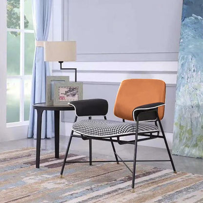 Modern Accent Armchair Houndstooth Cushion Contrast Leather & Metal Frame with Customizable Color Options