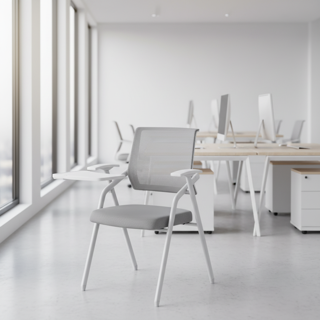 Foldable Training Room Chair with Writing Pad Mesh Back Ergonomic Conference Room Chair with Tablet Armrest and Metal Frame for Classroom Office Meeting