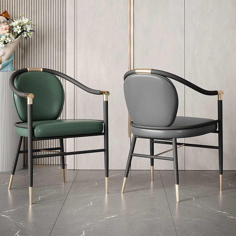Light Luxury Modern Armchair Black Metal Frame Gold Accents & Leather Cushion