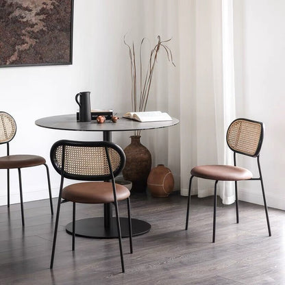Retro Breathable Dining Chair Rattan Back, Metal Legs & Leather Cushion
