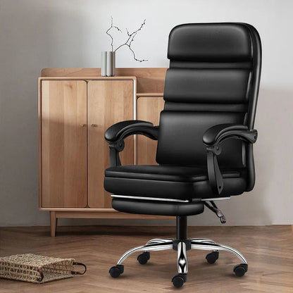 Leather High-Back Office Chair Adjustable Arms Built-in Footrest Sturdy Ergonomic Support for Work Relaxation & Comfortable Daily Lounging Sessions