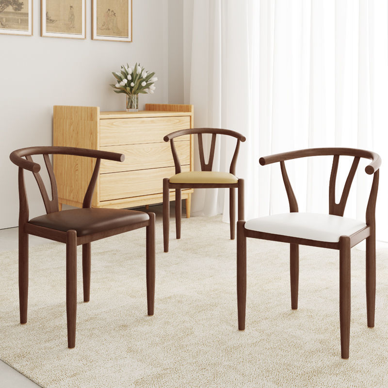Nordic Classic Solid Wood Dining Chair Curved Armrest Multi-Wood Tones & Leather Cushion