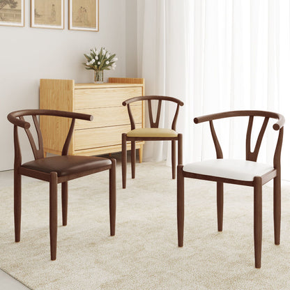 Nordic Classic Solid Wood Dining Chair Curved Armrest Multi-Wood Tones & Leather Cushion