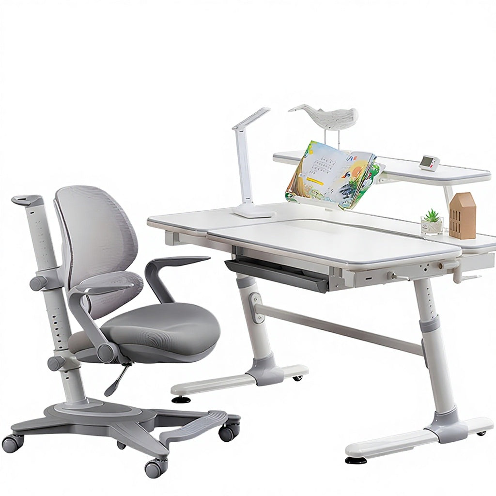 Adjustable Height Kids Study Desk and Chair Set Ergonomic Children Writing Desk with Tilt Desktop Drawer Bookshelf and High Back Mesh Chair for Boys Girls Teens Home School Use