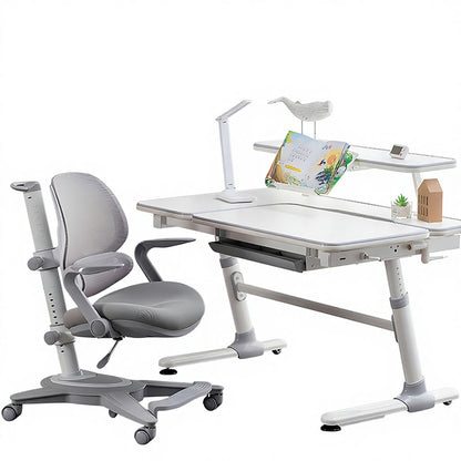 Adjustable Height Kids Study Desk and Chair Set Ergonomic Children Writing Desk with Tilt Desktop Drawer Bookshelf and High Back Mesh Chair for Boys Girls Teens Home School Use