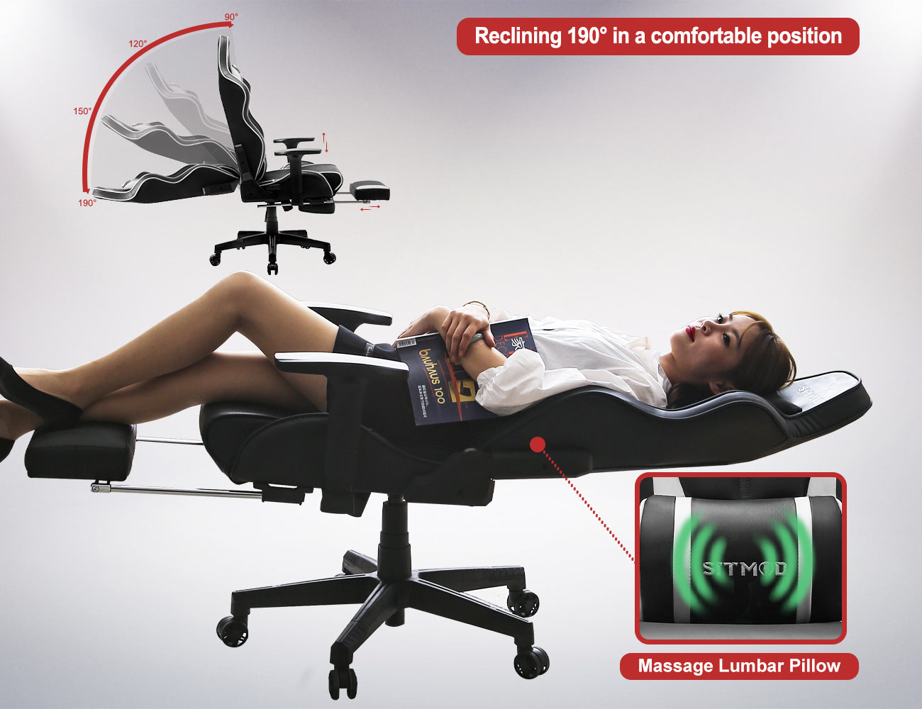 Black-White Ergonomic Gaming Chair Headrest, Lumbar Pillow Spine Support Adjustable Sturdy Base for Comfortable Gaming & Office Work Sessions