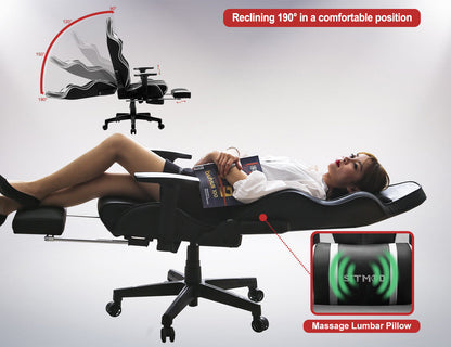 Black-White Ergonomic Gaming Chair Headrest, Lumbar Pillow Spine Support Adjustable Sturdy Base for Comfortable Gaming & Office Work Sessions