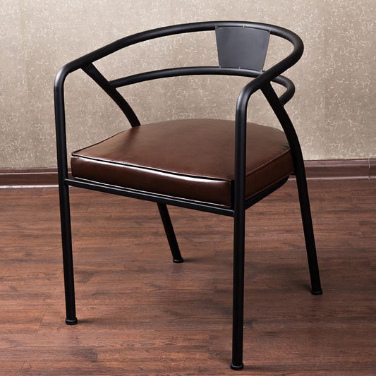 Modern Industrial Armchair Black Metal Frame Brown Leather Cushion & Curved Arm Design