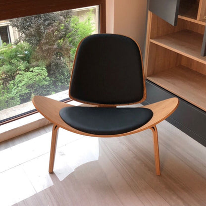 Modern Wooden Lounge Chair with Blue Leather - Sculptural Design for Living Room