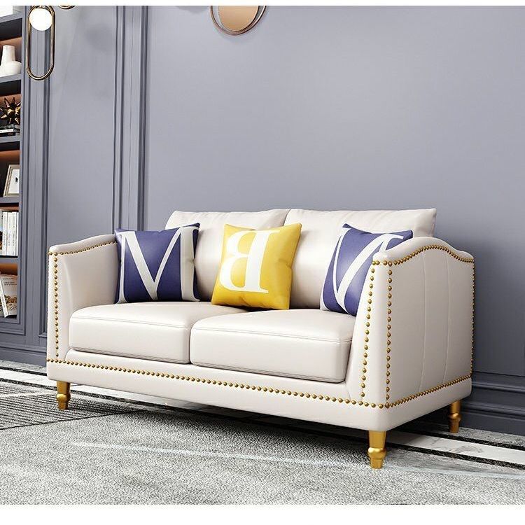 Luxury White Leather 3-Seater Sofa Gold Rivet Trim Golden Legs Modern Elegant Design for Stylish Cozy Living Room Lounging Spaces