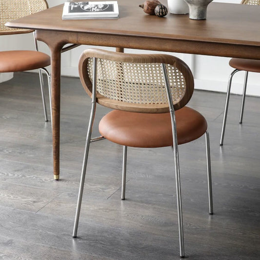 Retro Breathable Dining Chair Rattan Back, Metal Legs & Leather Cushion