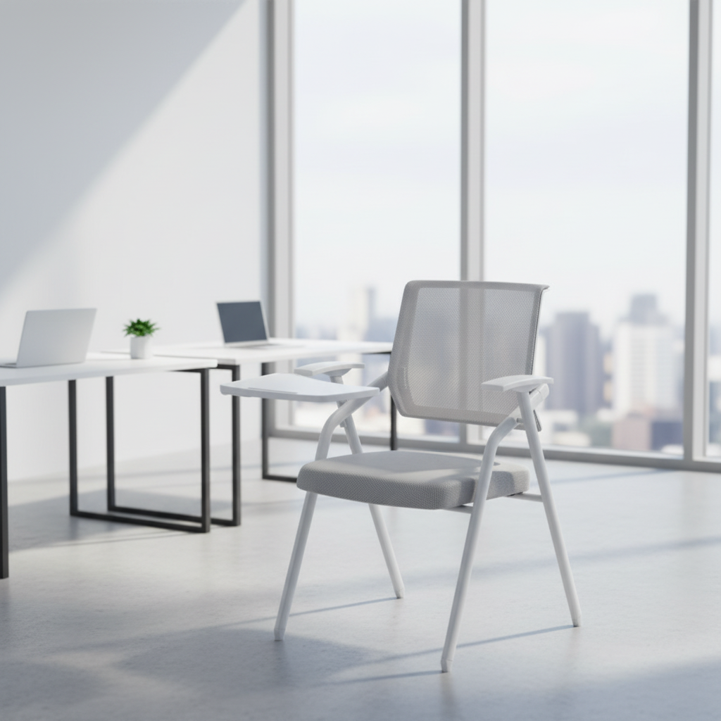 Foldable Training Room Chair with Writing Pad Mesh Back Ergonomic Conference Room Chair with Tablet Armrest and Metal Frame for Classroom Office Meeting