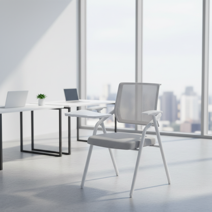 Foldable Training Room Chair with Writing Pad Mesh Back Ergonomic Conference Room Chair with Tablet Armrest and Metal Frame for Classroom Office Meeting