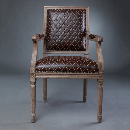 Vintage Distressed Wood & Leather Armchair with Diamond Stitching Classic Elegant Design for Living Room
