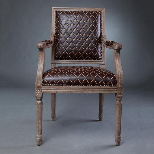 Vintage Distressed Wood & Leather Armchair with Diamond Stitching Classic Elegant Design for Living Room