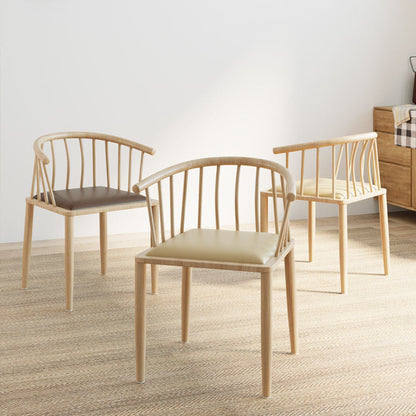 Nordic Slatted-Back Dining Chair Light Wood Frame Curved Armrest & Leather Cushion