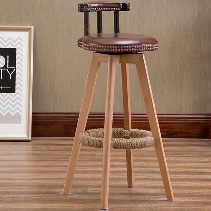 Bar Chair Bar Stool with Rivet Trim or Animal Print Fabric Cushion Short Backrest Solid Beech Wood Legs Multifunctional Fixed Height Bar Stool for Home Bar Kitchen Island Pub Living Room Home Decor