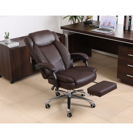 Luxury Brown Leather High-Back Office Chair Footrest, Ergonomic Support Chrome Casters – Plush Executive Seating for Workspaces & Home Offices