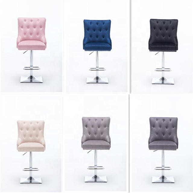 Adjustable Height Bar Stool Tufted Velvet Upholstery Studded Trim & Lion-Head Accent