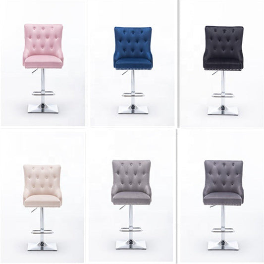 Adjustable Height Bar Stool Tufted Velvet Upholstery Studded Trim & Lion-Head Accent