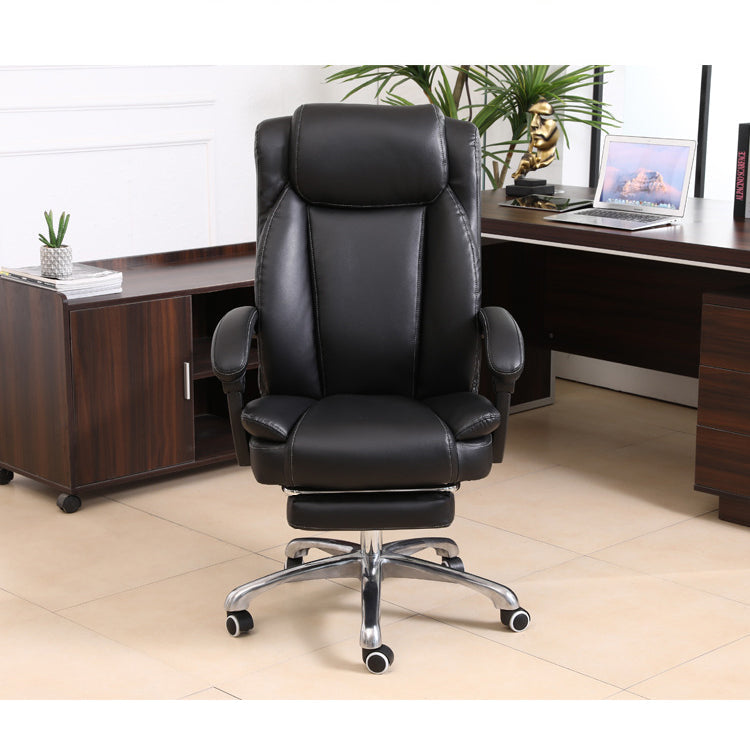 Luxury Brown Leather High-Back Office Chair Footrest, Ergonomic Support Chrome Casters – Plush Executive Seating for Workspaces & Home Offices