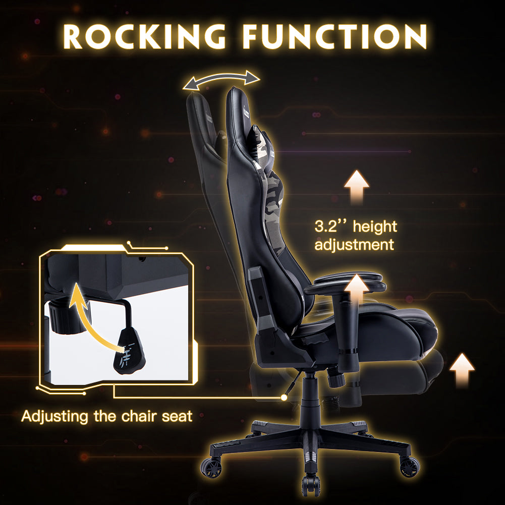 Camouflage Ergonomic Gaming Chair High Back PU Leather Racing Style Computer Chair with Adjustable Headrest Lumbar Pillow 170° Reclining Swivel Office Chair