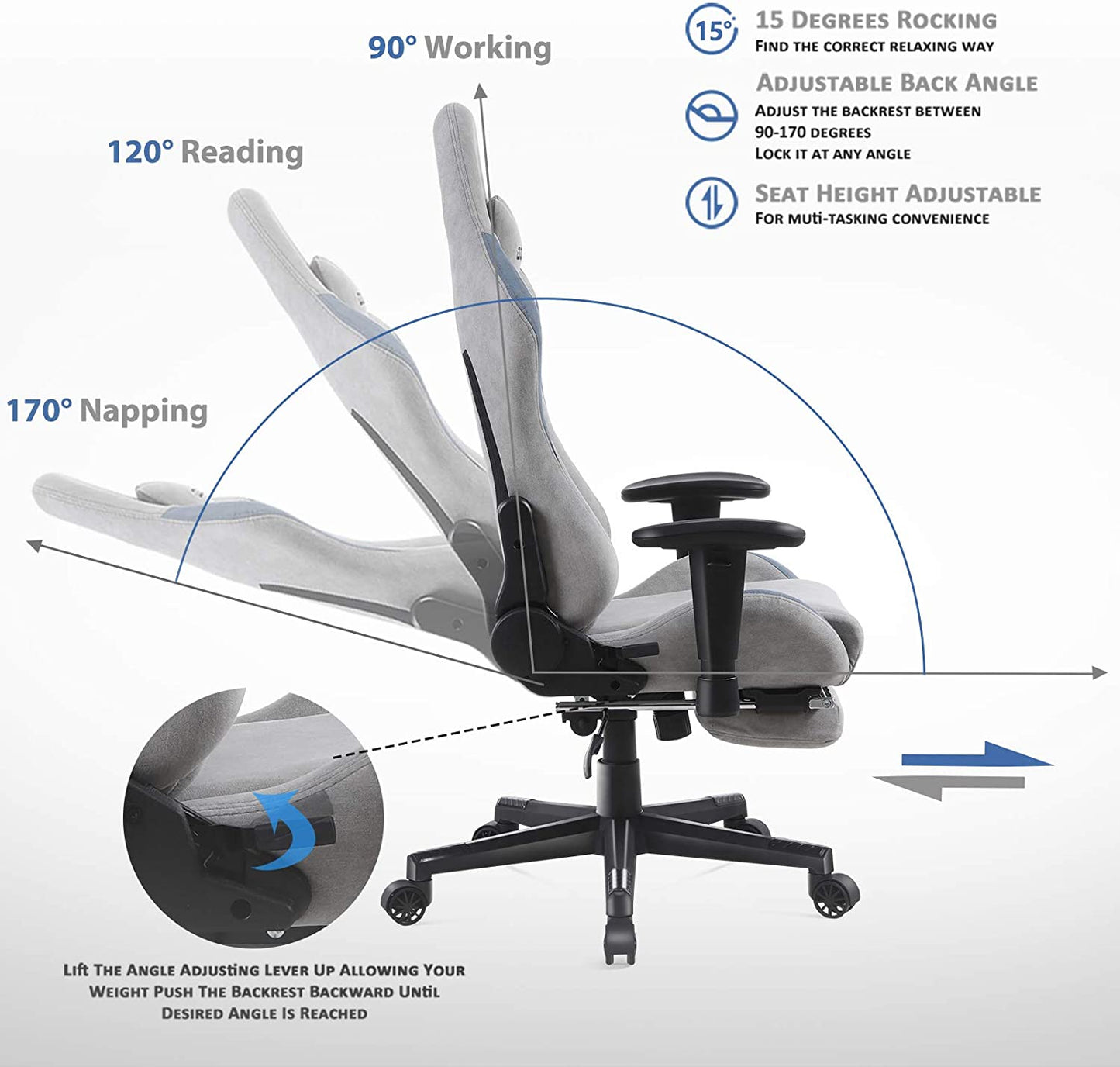 Dowinx Ergonomic Fabric Gaming Chair High Back Racing Style Computer Chair with Massage Lumbar Pillow 170° Reclining Retractable Footrest