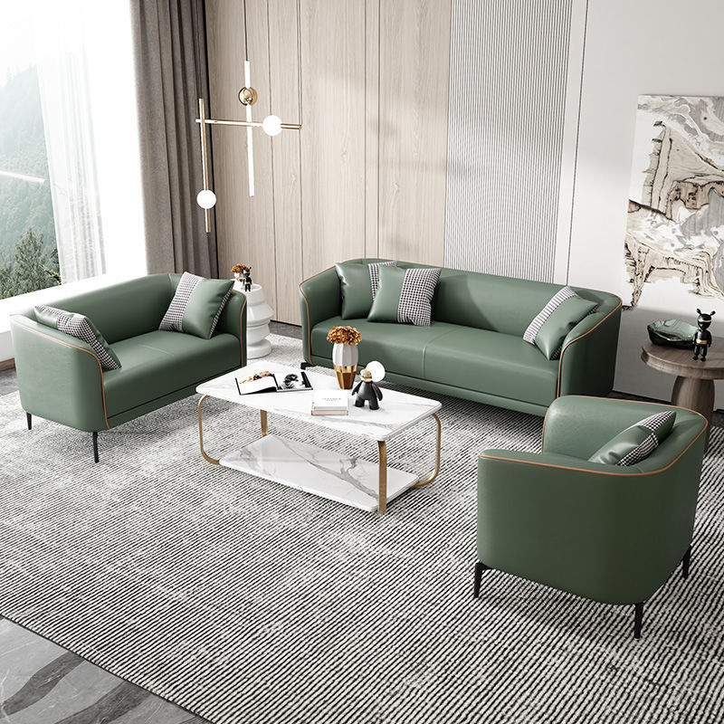 Modern Leather Sofa Set Streamlined Armrests Houndstooth Pillows Multi-Color Options