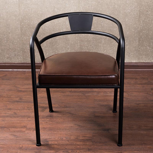 Modern Industrial Armchair Black Metal Frame Brown Leather Cushion & Curved Arm Design