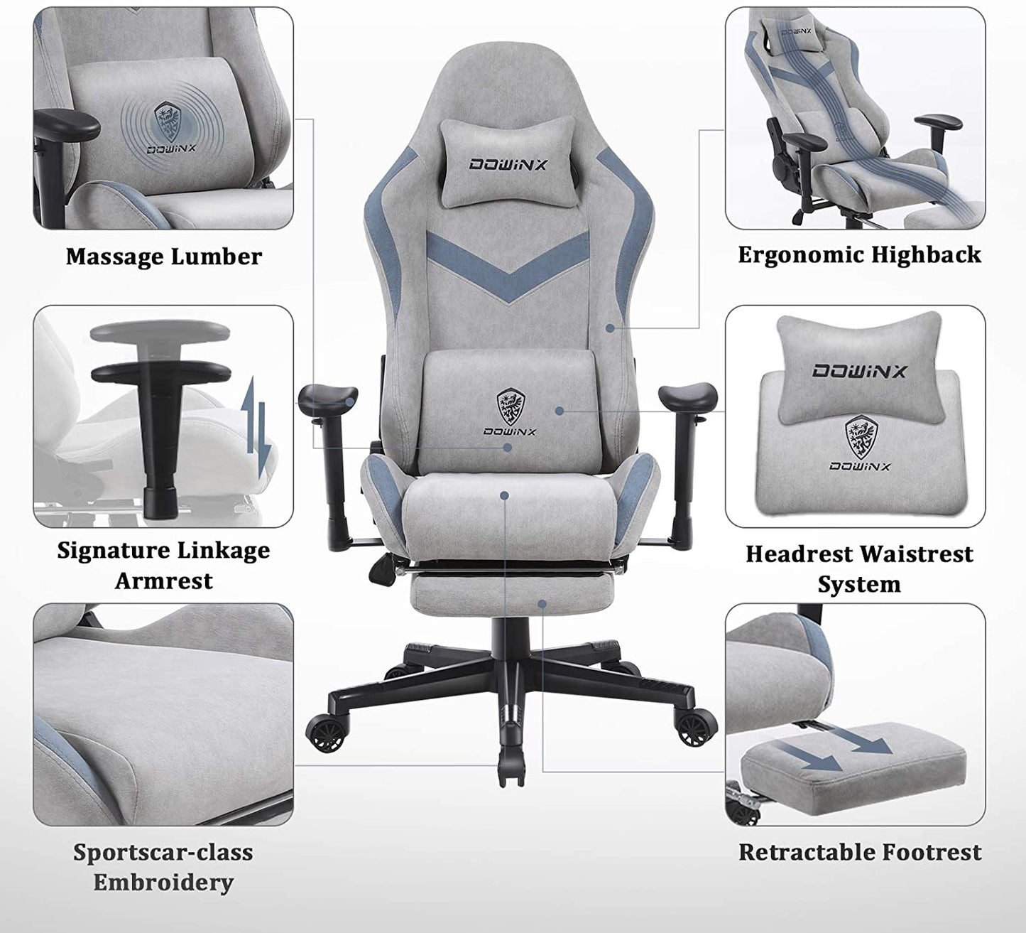 Dowinx Ergonomic Fabric Gaming Chair High Back Racing Style Computer Chair with Massage Lumbar Pillow 170° Reclining Retractable Footrest
