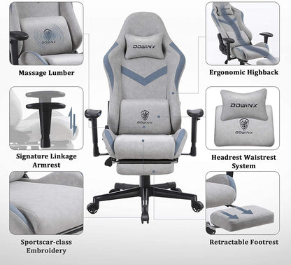 Dowinx Ergonomic Fabric Gaming Chair High Back Racing Style Computer Chair with Massage Lumbar Pillow 170° Reclining Retractable Footrest