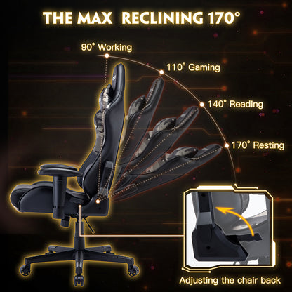 Camouflage Ergonomic Gaming Chair High Back PU Leather Racing Style Computer Chair with Adjustable Headrest Lumbar Pillow 170° Reclining Swivel Office Chair