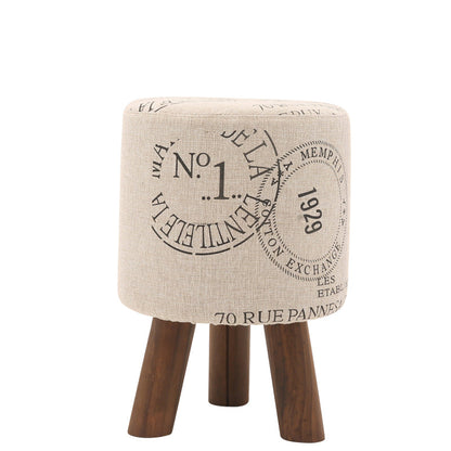 Plaid Fabric Ottoman with Wooden Legs-Rustic Round Footstool for Home Decor