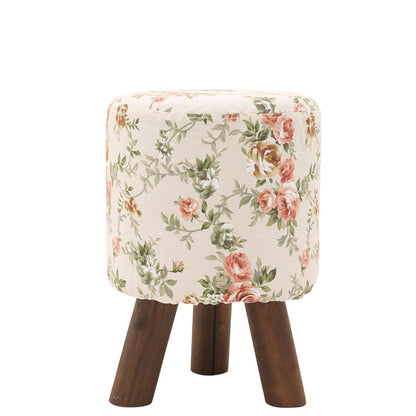 Plaid Fabric Ottoman with Wooden Legs-Rustic Round Footstool for Home Decor