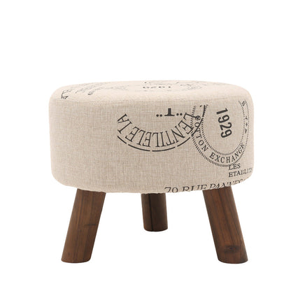 Plaid Fabric Ottoman with Wooden Legs-Rustic Round Footstool for Home Decor